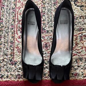 Stuart Weitzman Black Satin Peep Toe Heels